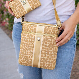 Coach Set Chelsea Heritage Stripe Khaki Gold Crossbody & Wallet Matching Set